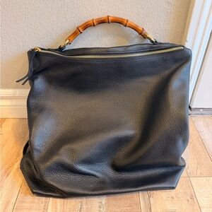 Mark & Graham Black Leather Backpack with Bamboo Handle